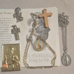 Vintage Goldtone and Silver Religious Pendant Necklace, 2 Crosses Angel 3 Medals